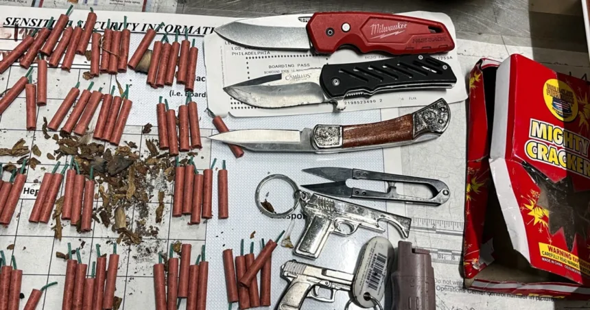 TSA finds ‘surprising number of prohibited items’ in woman’s bag, including 82 fireworks, 3 knives