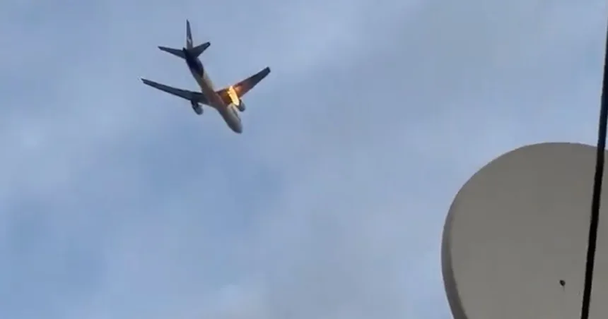 Videos show FedEx cargo plane’s engine on fire mid-flight