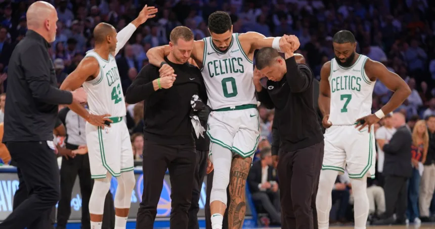 Boston Celtics superstar Jayson Tatum seen in wheelchair after suffering leg injury