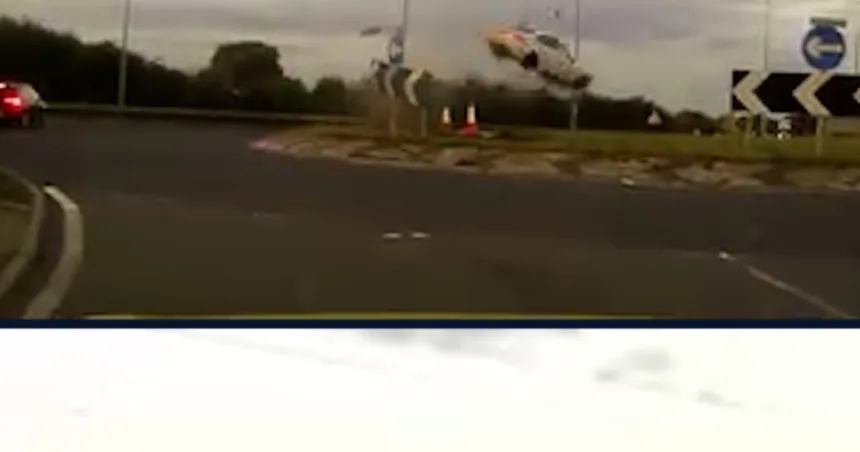 Video shows car going airborne after hitting roundabout